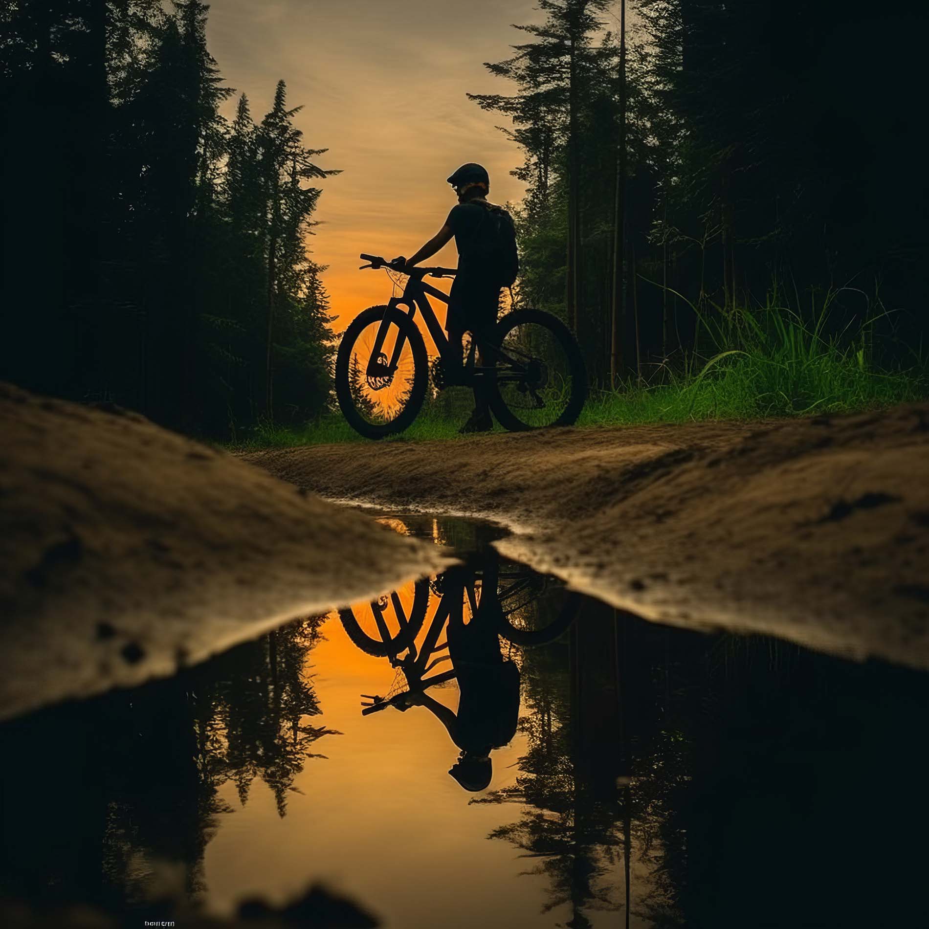 Cyklist med mountainbike i siluett på en skogsstig i solnedgång, speglad i en vattenpöl