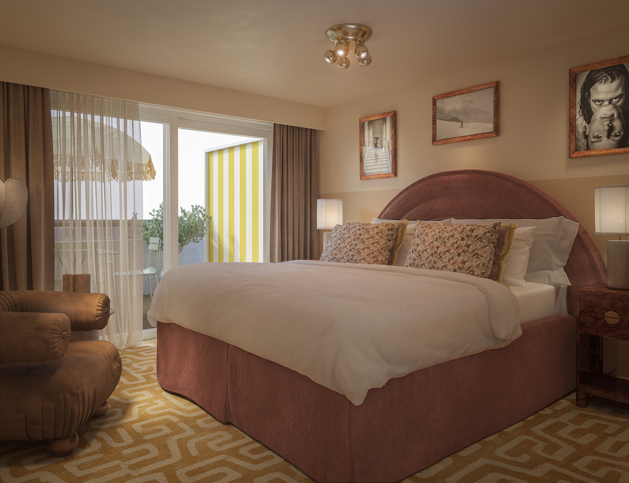 Hotel room with a double bed, pink headboard and a balcony with a yellow-striped awning