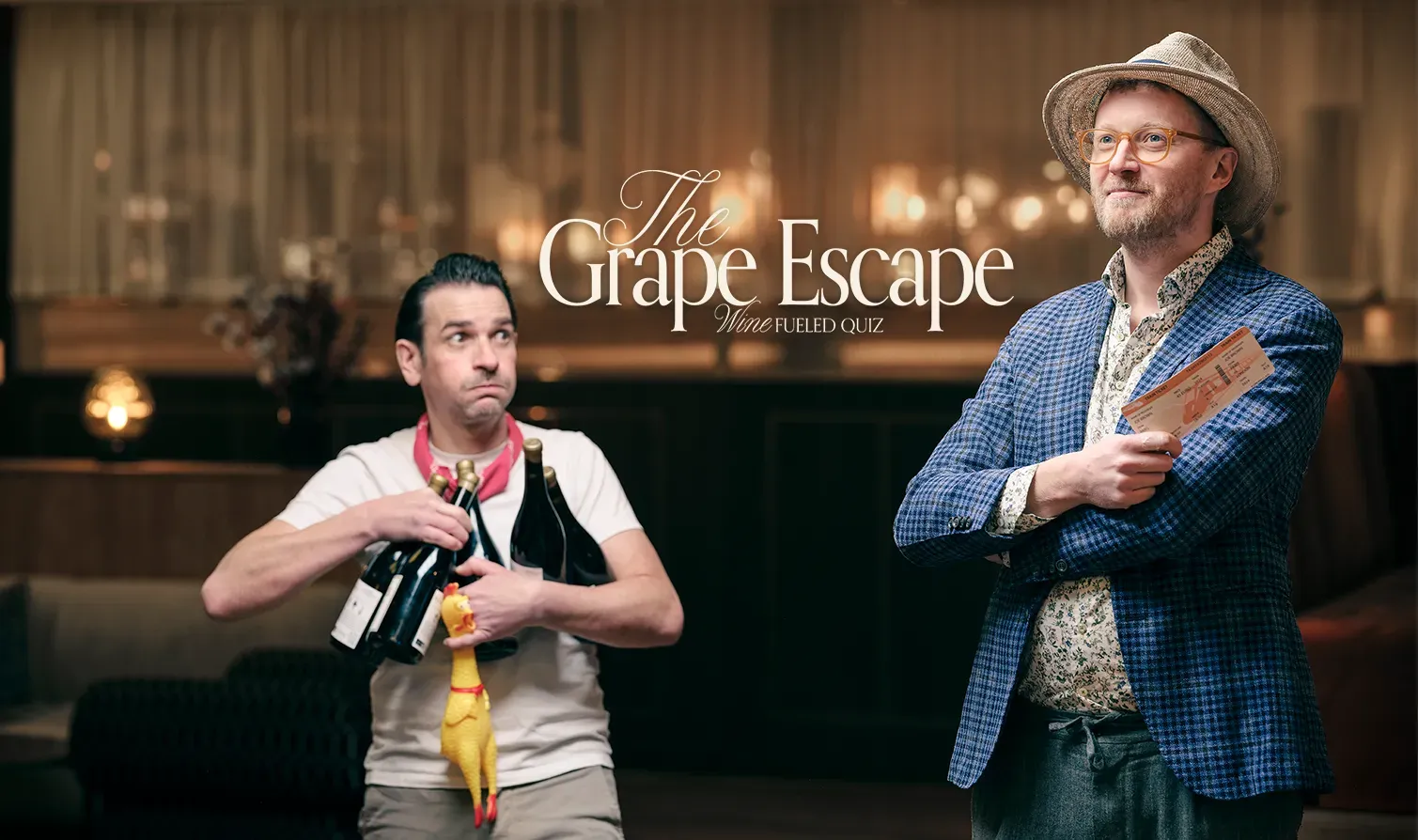 The Grape Escape, vinquiz: två programledare, en med vinflaskor och en gummikyckling